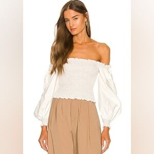 Revolve x Something Navy Chambray Smocked Long Sleeve Top in Ivory